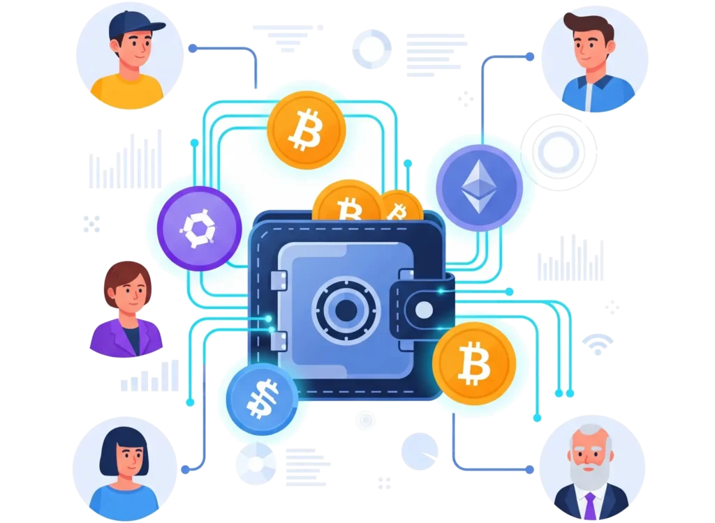 Illustration of a secure crypto wallet interacting with various cryptocurrencies like Bitcoin and Ethereum. The image visualizes the concept of how crypto wallets work, showing connections between users and digital currencies, symbolizing the question of What is crypto wallet And how crypto walles work.