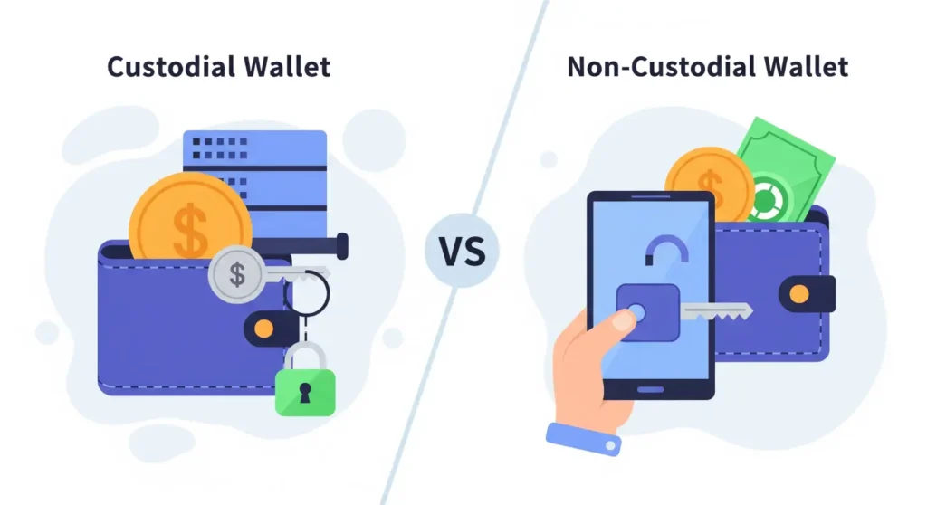 Flat illustration visually explaining the difference between a custodial vs non-custodial wallet. On one side, a digital wallet or crypto asset is shown with a third-party hand controlling the private key, representing a custodial wallet. On the opposing side, a similar asset is depicted with a user's hand directly holding the key, representing a non-custodial wallet, all rendered in a modern flat illustration style.
