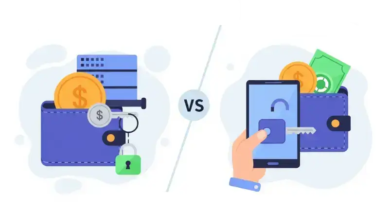 Flat illustration visually explaining the difference between a custodial vs non-custodial wallet. On one side, a digital wallet or crypto asset is shown with a third-party hand controlling the private key, representing a custodial wallet. On the opposing side, a similar asset is depicted with a user's hand directly holding the key, representing a non-custodial wallet, all rendered in a modern flat illustration style.