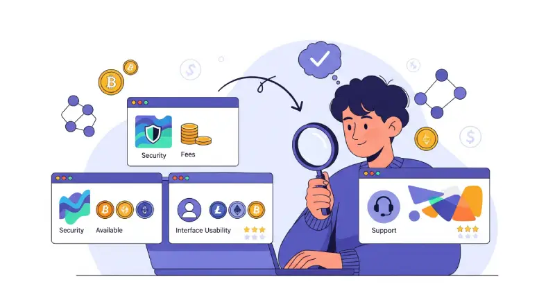 At the center of the composition is a young, friendly person, sitting at a table and intently working on a laptop or tablet. He/she looks thoughtful but confident, actively comparing and analyzing information. He thinks about how to choose crypto exchange.