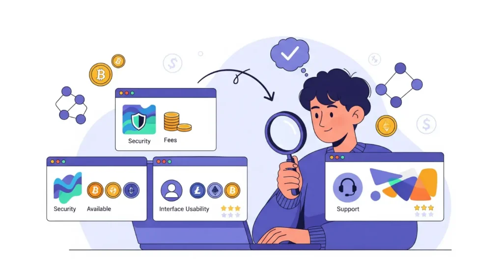 At the center of the composition is a young, friendly person, sitting at a table and intently working on a laptop or tablet. He/she looks thoughtful but confident, actively comparing and analyzing information. He thinks about how to choose crypto exchange.