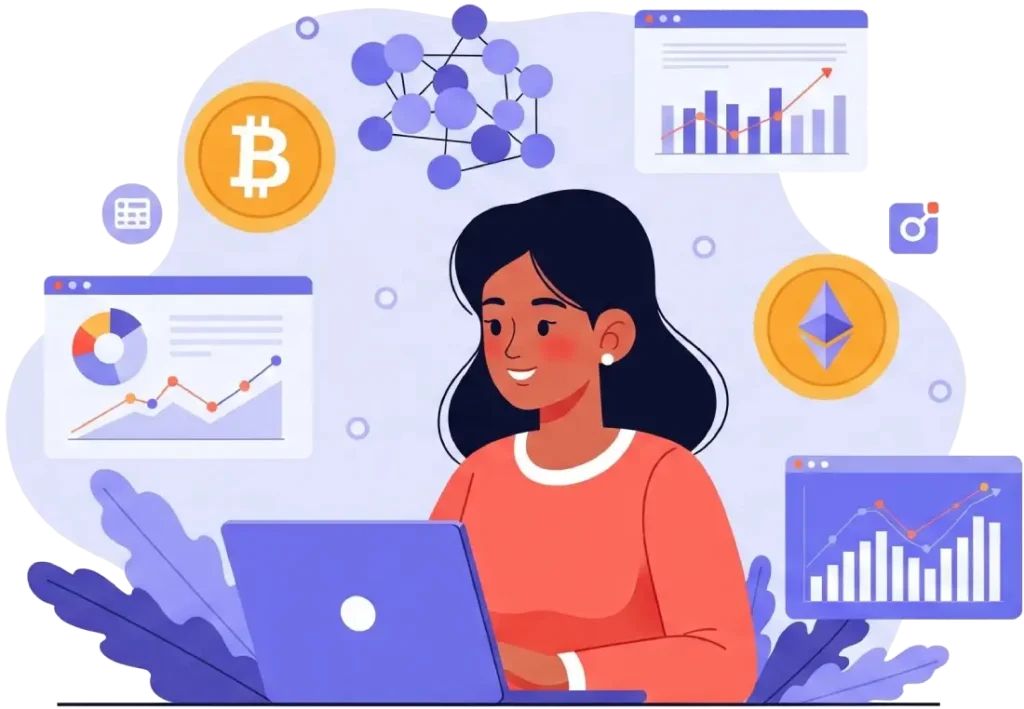 Woman learning about cryptocurrencies and blockchain on a laptop, surrounded by Bitcoin, Ethereum symbols, and financial charts. Perfect for those who want to learn crypto and understand investments.