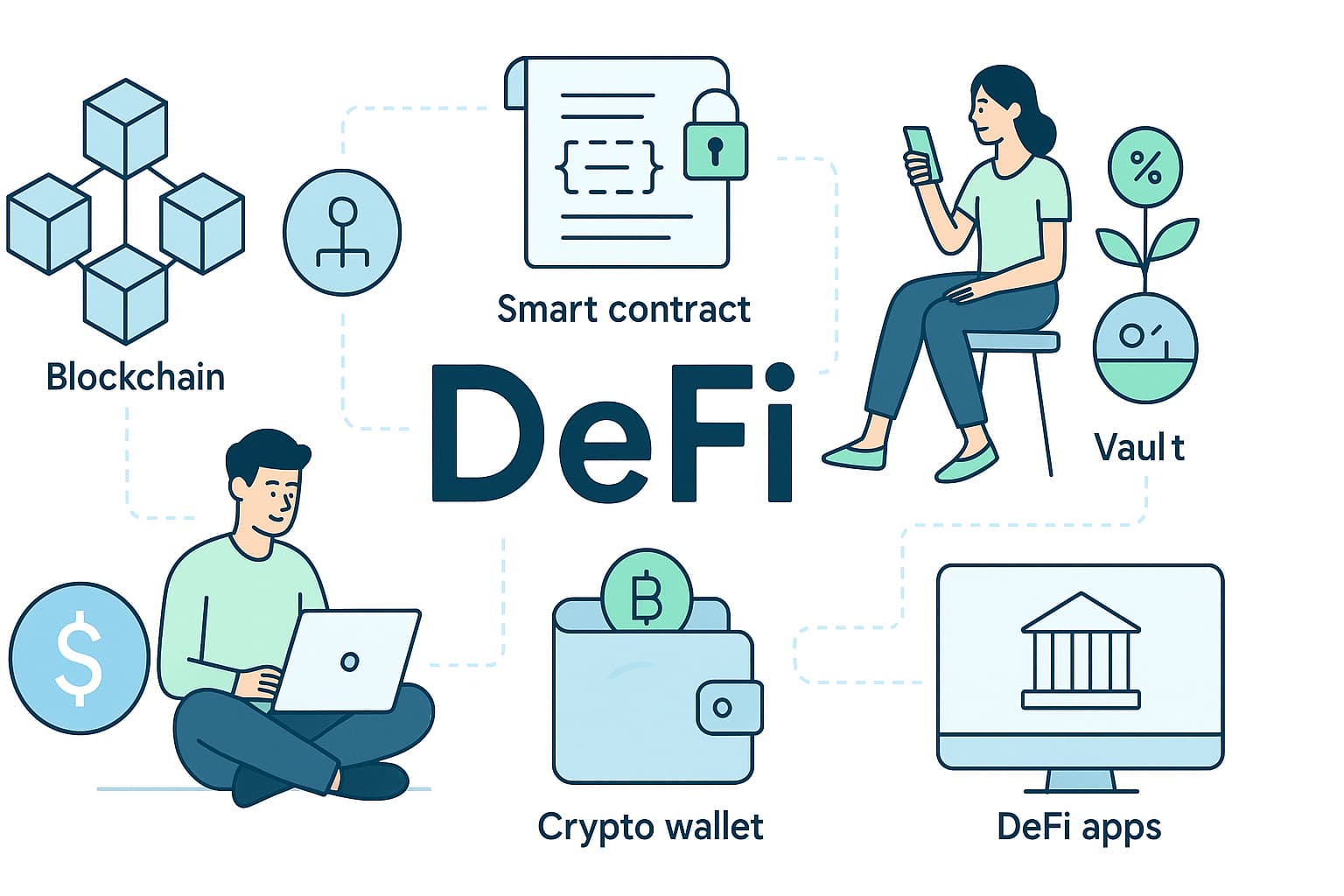DeFi ecosystem explained visually with smart contracts, wallets, and apps on a blockchain to answer what is defi