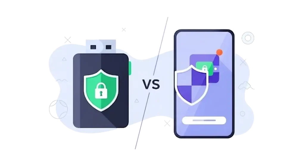 Hardware vs Software Wallet flat illustration depicting a dark gray hardware crypto wallet (resembling a USB stick) on the left with a prominent golden shield icon, labeled 'Hardware Wallet'. On the right, a smartphone with a screen displaying a software wallet interface and a lighter, transparent shield icon, labeled 'Software Wallet'. A large 'VS' symbol is centered between them, visually comparing the security of the two types of cryptocurrency wallets.