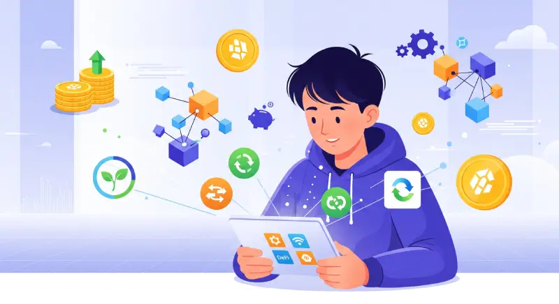 DeFi ecosystem explained visually with smart contracts, wallets, and apps on a blockchain to answer what is defi. At the center of the composition is a young, friendly person, sitting at a table or standing in a spacious digital environment. He is interacting with curiosity and understanding with elements symbolizing DeFi.