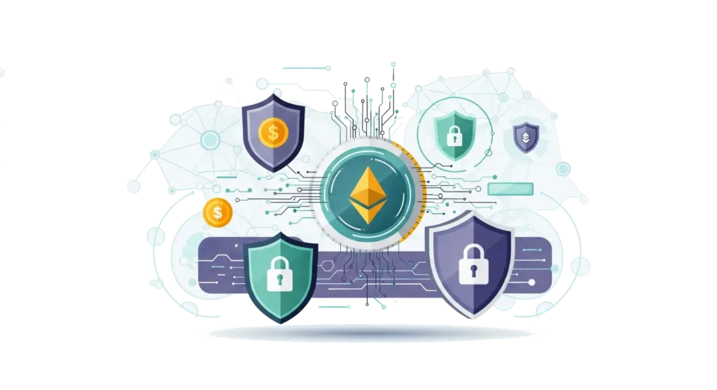 Flat illustration visually explaining 'What is crypto security?', depicting a stylized cryptocurrency coin or digital asset at the center, surrounded by multiple layers of security. Prominent shields and digital lock symbols encircle the asset, while abstract patterns suggest encryption and cryptographic processes. A subtle background network of interconnected nodes emphasizes decentralization, all rendered in a modern flat illustration style with tech-oriented colors.