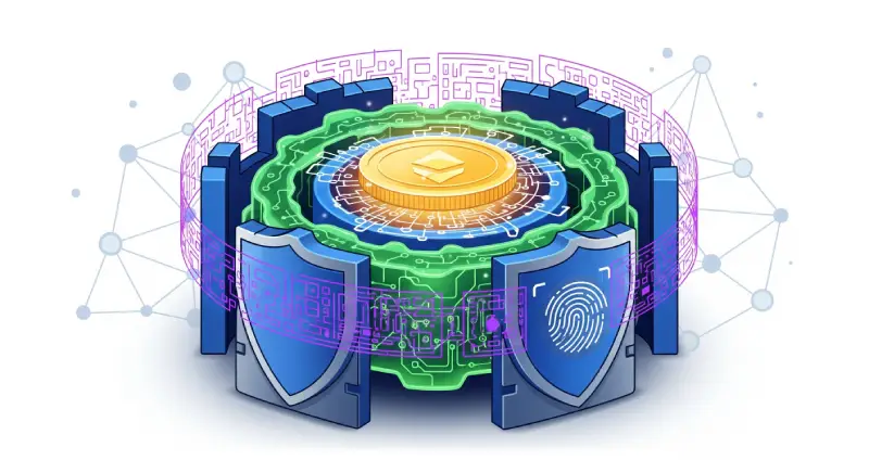 A flat illustration, representing the concept of the best crypto security. A golden cryptocurrency coin is at the center, surrounded by multiple robust layers of defense. These layers include interlocking digital fortress walls, glowing energy fields, and intricate cryptographic patterns. Subtle hints of a fingerprint icon are integrated into one of the protective shields, symbolizing advanced authentication. In the background, a network of interconnected nodes reinforces the decentralized strength of the security. The illustration uses tech-oriented hues like deep blues, greens, purples, and grays, with vibrant gold accents, against a plain white background.
