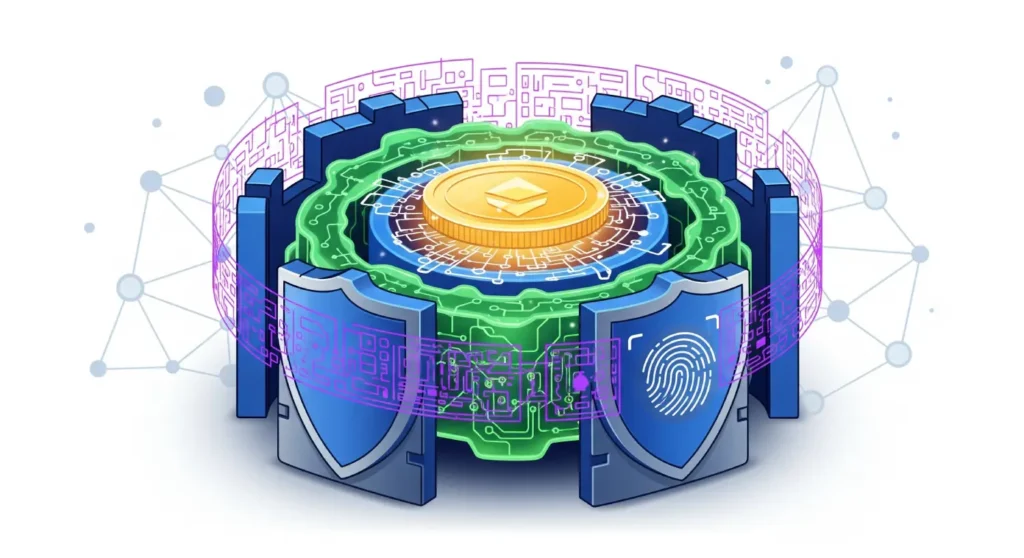 A flat illustration, representing the concept of the best crypto security. A golden cryptocurrency coin is at the center, surrounded by multiple robust layers of defense. These layers include interlocking digital fortress walls, glowing energy fields, and intricate cryptographic patterns. Subtle hints of a fingerprint icon are integrated into one of the protective shields, symbolizing advanced authentication. In the background, a network of interconnected nodes reinforces the decentralized strength of the security. The illustration uses tech-oriented hues like deep blues, greens, purples, and grays, with vibrant gold accents, against a plain white background.