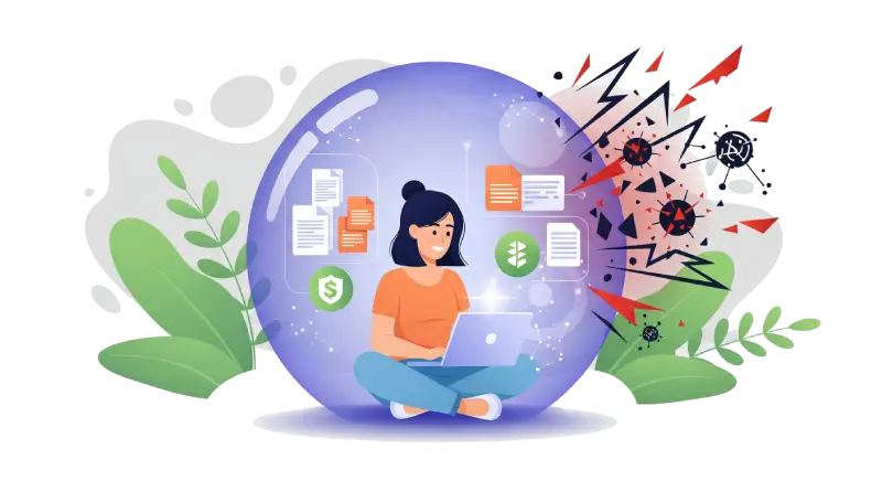 The woman and her laptop are inside a transparent, glowing protective sphere or barrier, symbolizing a physically isolated system (air-gapped protection or air-gapped wallet). Inside this sphere, next to the woman, small, secure symbols of data or information, organized files or abstract icons of secure transactions. Outside the protective sphere, in the background and to the sides, abstract, threatening elements are visible, symbolizing hacker attacks, malware, and network threats: broken, sharp lines, dark, aggressive shapes, or fractured network connections that unsuccessfully try to penetrate the barrier but cannot.