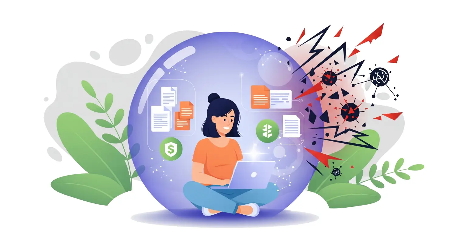 The woman and her laptop are inside a transparent, glowing protective sphere or barrier, symbolizing a physically isolated system (air-gapped protection or air-gapped wallet).
Inside this sphere, next to the woman, small, secure symbols of data or information, organized files or abstract icons of secure transactions.
Outside the protective sphere, in the background and to the sides, abstract, threatening elements are visible, symbolizing hacker attacks, malware, and network threats: broken, sharp lines, dark, aggressive shapes, or fractured network connections that unsuccessfully try to penetrate the barrier but cannot.