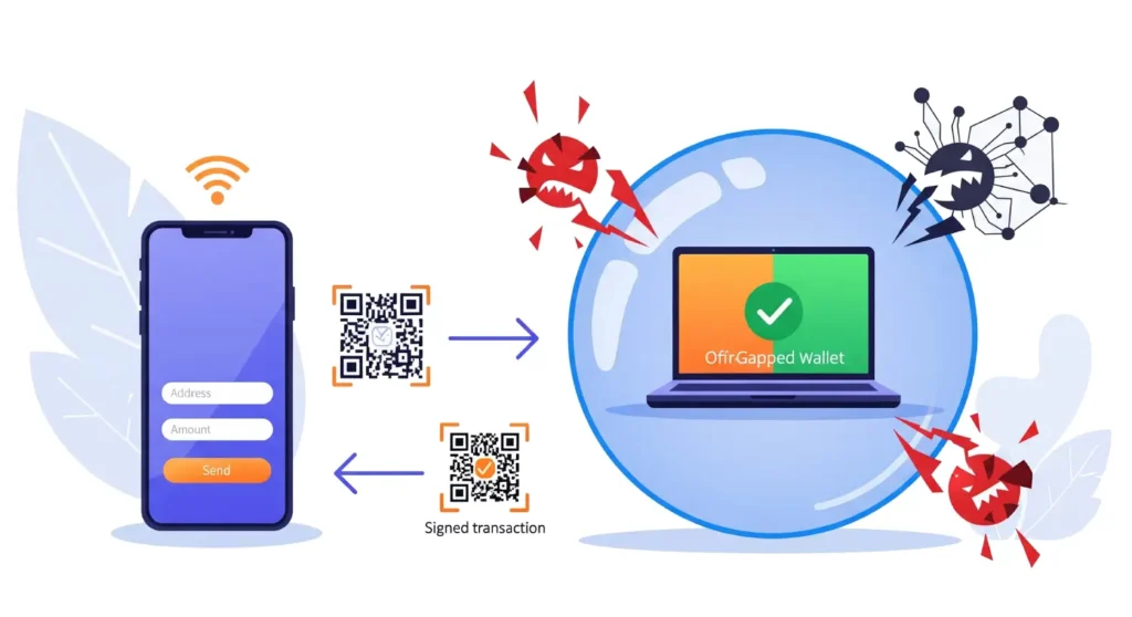 Flat illustration visualizing the secure transaction process using an air-gapped wallet or Air-Gapped Protection. On the left, a smartphone with a Wi-Fi icon displays a transaction creation interface. An arrow with a QR code goes from the smartphone to a laptop inside a transparent protective sphere, symbolizing the transfer of transaction data. Inside the sphere, the laptop shows a transaction signature confirmation. A second arrow with a QR code returns from the laptop to the smartphone, indicating the return of the signed data. Threats such as viruses and phishing hooks are depicted around the sphere, being repelled by the protective barrier.