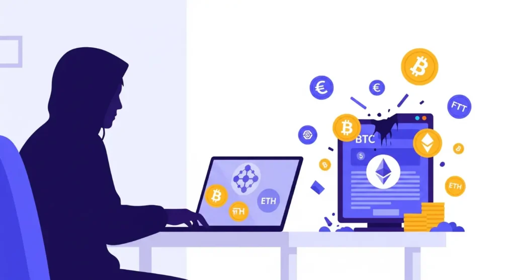 Illustration for the article about Biggest Crypto Scams, depicting a shadowy figure in a hoodie working on a laptop against a light background, with screens displaying blockchain symbols and cryptocurrency logos, alongside a collapsing exchange platform with floating digital currency icons, symbolizing deception and financial loss