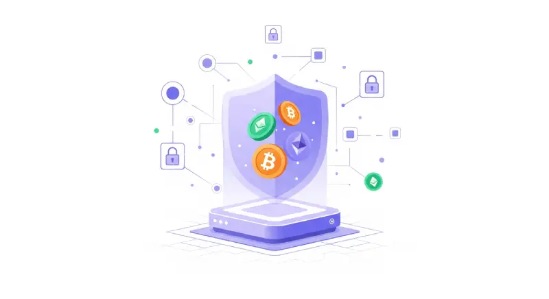 A futuristic digital illustration featuring a blockchain server at the center, emitting a radiant protective shield of light, symbolizing security. Surrounding the server are interconnected nodes and cryptographic locks, with holographic icons of cryptocurrencies like Bitcoin and Ethereum orbiting within the shield. The background showcases a digital matrix in a cyberpunk style with deep blues and neon purples, emphasizing a high-tech decentralized environment.