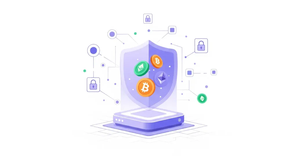 A futuristic digital illustration featuring a blockchain server at the center, emitting a radiant protective shield of light, symbolizing security. Surrounding the server are interconnected nodes and cryptographic locks, with holographic icons of cryptocurrencies like Bitcoin and Ethereum orbiting within the shield. The background showcases a digital matrix in a cyberpunk style with deep blues and neon purples, emphasizing a high-tech decentralized environment.