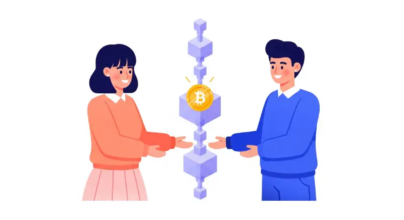 An illustration depicting a stylized blockchain transaction process, with a smiling woman and a man interacting with a transparent, vertical blockchain that contains a Bitcoin icon. The image is in a flat, minimalistic design with a white background.