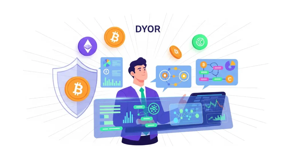 A dynamic digital illustration of a confident investor at a futuristic dashboard, analyzing cryptocurrency data with glowing charts and blockchain nodes, symbolizing DYOR Crypto. Surrounding the scene are abstract Bitcoin and Ethereum icons, protected by a transparent shield, representing risk reduction.
