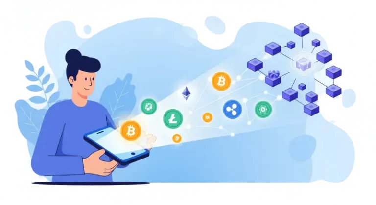 How to Get Started with Crypto: A person holding a smartphone with digital cryptocurrencies like Bitcoin, Ethereum, Litecoin, and Ripple emerging from the device, symbolizing the journey into cryptocurrency and blockchain networks.