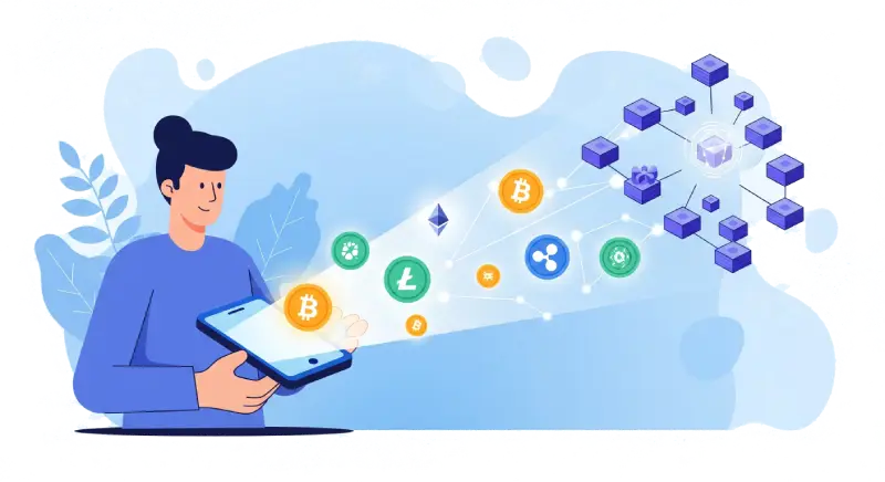 How to Get Started with Crypto: A person holding a smartphone with digital cryptocurrencies like Bitcoin, Ethereum, Litecoin, and Ripple emerging from the device, symbolizing the journey into cryptocurrency and blockchain networks.