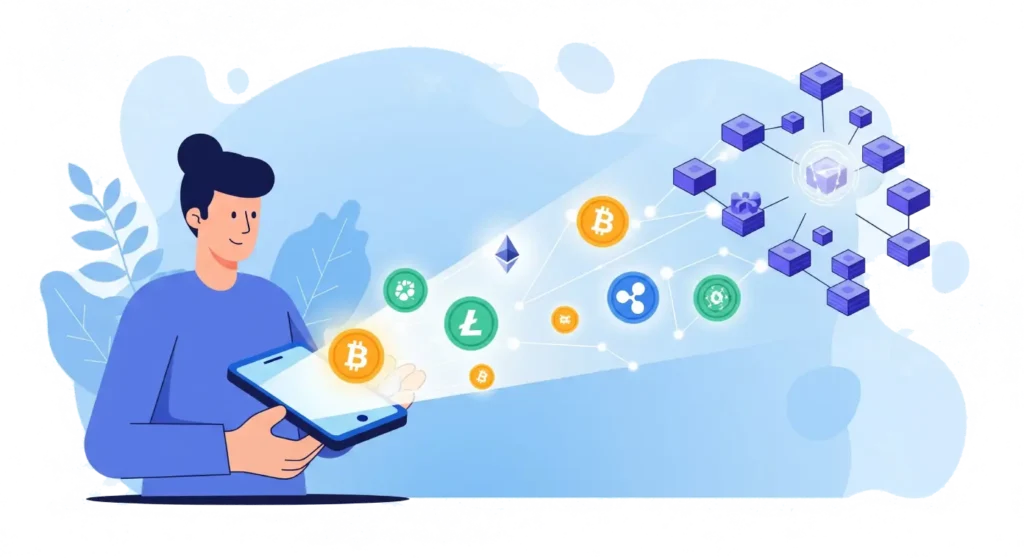 How to Get Started with Crypto: A person holding a smartphone with digital cryptocurrencies like Bitcoin, Ethereum, Litecoin, and Ripple emerging from the device, symbolizing the journey into cryptocurrency and blockchain networks.