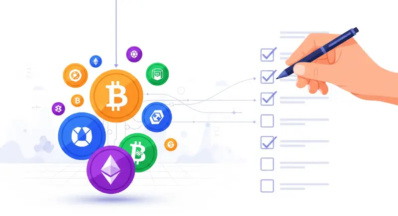 A flat illustration for Secure Crypto for Beginners and Best ways to protect crypto, showing a hand placing a checkmark on a security checklist next to a group of floating cryptocurrency coins. The list has seven items, with some of them already checked, symbolizing the process of securing crypto assets.
