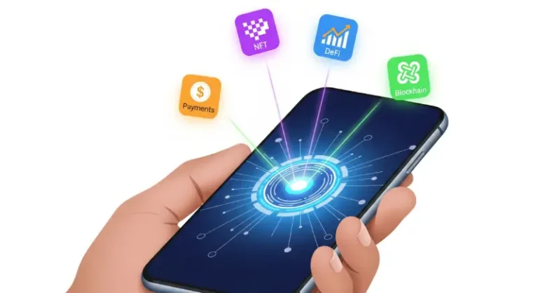 Image for mobile crypto wallet idea: a hand holding a sleek, modern smartphone. On the screen, a glowing, vibrant digital hub is displayed, acting as a central portal. From this hub, bright, ethereal lines radiate outwards, connecting to stylized, floating icons. These icons represent various concepts: a pixelated square for NFT, a graph for DeFi, a monetary symbol for payments, and an interconnected chain for blockchain.