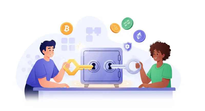 Flat illustration showing two people collaborating on a multisig wallet (multisignature). One person holds a golden key, inserting it into a keyhole of a central safe. The other person holds a silver key, ready to insert it into a second keyhole. The safe, representing the multisig wallet, is transparent with visible keyholes, symbolizing shared control and security. In the background, abstract blockchain elements and cryptocurrency symbols float around, indicating the digital asset context.