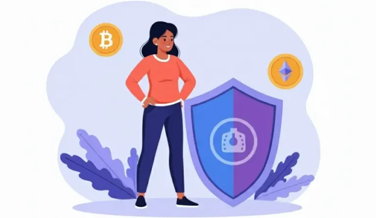 Illustration depicting a woman standing confidently next to a large shield, symbolizing protection against a crypto phishing attack. In the background are cryptocurrency symbols like Bitcoin and Ethereum, with stylized leaves and a light, abstract cloud shape. The shield, equal in size to the woman, highlights the importance of security in the face of digital threats.