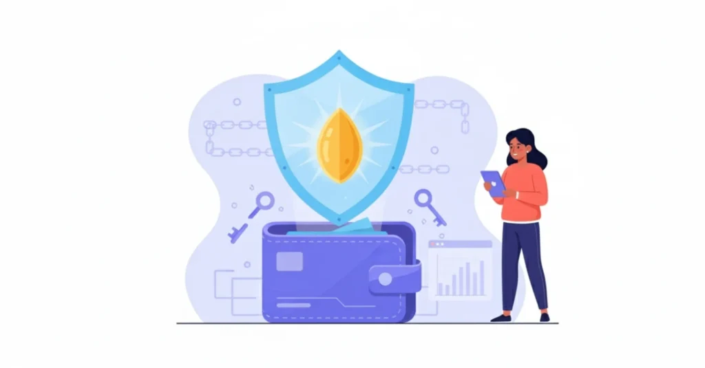 Illustration depicting cryptocurrency security and recovery, emphasizing the protection of a seed phrase. A glowing golden seed, symbolizing a lost seed phrase, hovers over an open futuristic digital wallet, protected by a translucent shield. Scattered digital fragments and keys hint at the recovery process. A girl, dressed in the same style as the attached image, holds a crypto-related device with an expression of hope or determination. The background features a stylish digital environment with subtle blockchain elements. 